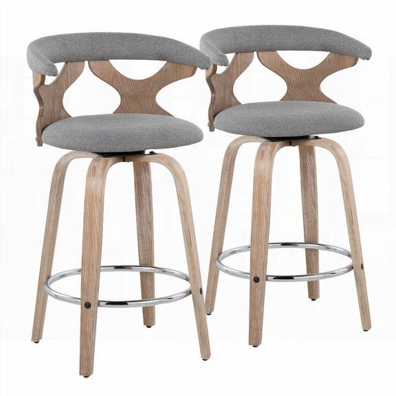 2-Piece White Washed Wood & Grey Fabric Stools with 360° Swivel - Contemporary Style