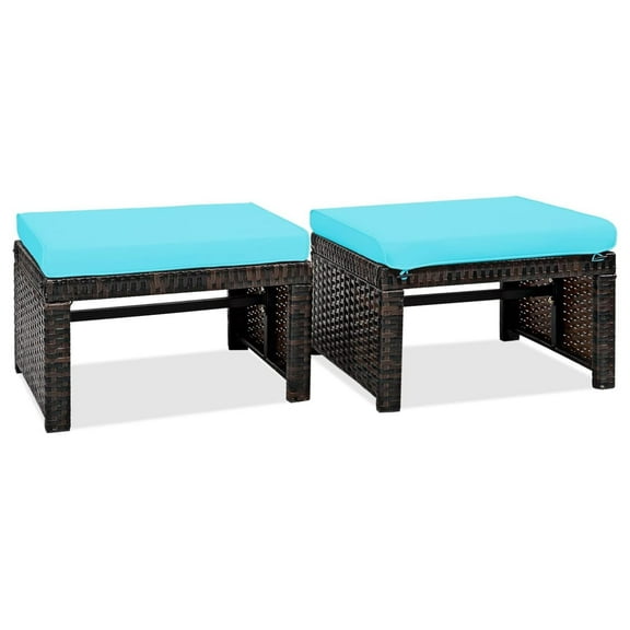 2-Piece Wicker Outdoor Ottoman, Rattan Footrest Set of 2 with Removable Cushions, 3-in-1 Foot Stool, Side Table & Additional Seating, Outdoor Footstools for Patio Backyard (Turquoise)