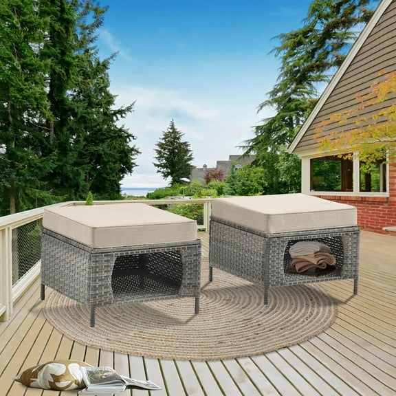 2 Piece Wicker Outdoor Patio Ottoman with Cushion