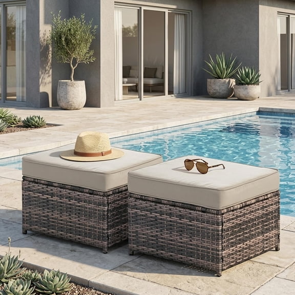 2-Piece Wicker Rattan Patio Ottomans, All-Weather with 4.3 Inch Thick Cushions, Beige, 23.6 x 21.7 x 13.8 Inch