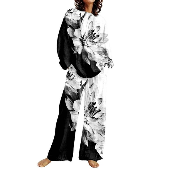 2 Piece Wide Leg Pants Set for Women Casual, Graphic Printed Loose Long Sleeve Pullover Top Pockets Fall Outfits (Medium, Black 01)