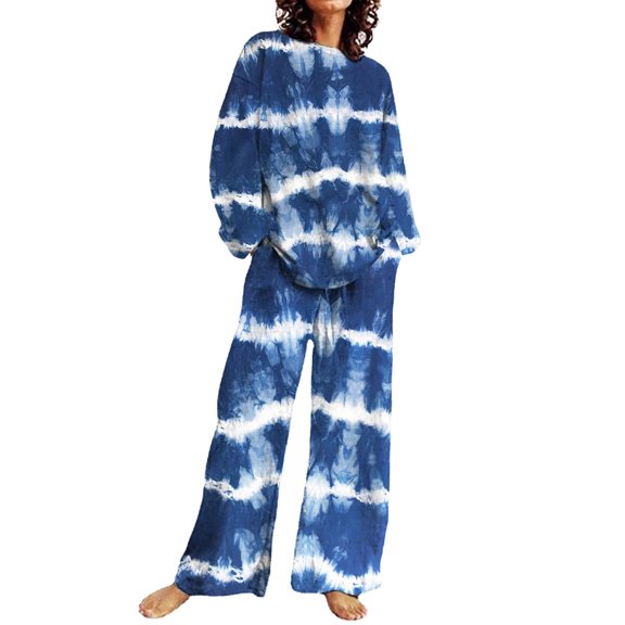 2 Piece Wide Leg Pants Set for Women Casual, Graphic Printed Loose Long Sleeve Pullover Top Pockets Fall Outfits (Small, Blue)