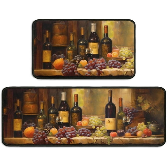 2 Piece Wine Kitchen Rug Set, 3D Wine Glasses Kitchen Rugs and Mats Non Skid Washable Absorbent Kitchen Floor Decor Mat 17"x 47"+17"x 30"