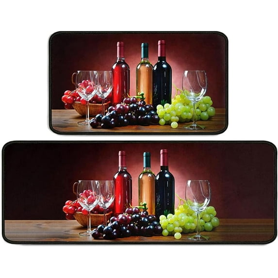 2 Piece Wine Kitchen Rug Set, 3D Wine Glasses Kitchen Rugs and Mats Non Skid Washable Absorbent Microfiber Kitchen Floor Decor Mat 17"x 47"+17"x 30"