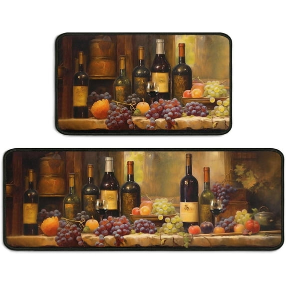 2 Piece Wine Kitchen Rug Set, 3D Wine Glasses Kitchen Rugs and Mats Non Skid Washable Absorbent Microfiber Kitchen Floor Decor Mat 17"x 47"+17"x 30"