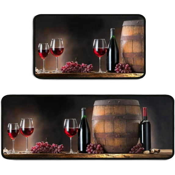 2 Piece Wine Kitchen Rug Set, 3D Wine Glasses Kitchen Rugs and Mats Non Skid Washable Absorbent Microfiber Kitchen Floor Decor Mat 17"x47"+17"x30"