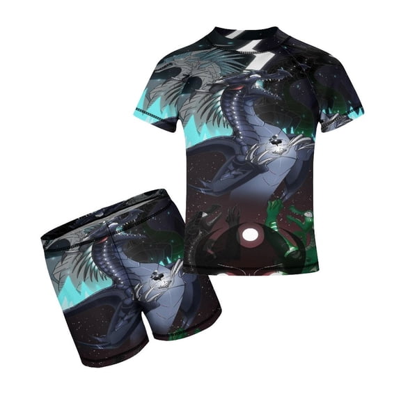 2 Piece Wings Dragon Fire Bathing Suits Rash Guard Swim Shirts with Shorts Set