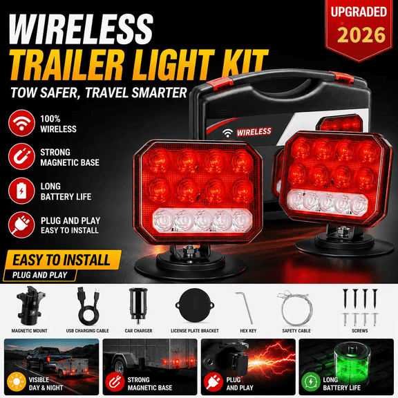 2-Piece Wireless Magnetic LED Trailer Light Set – Features brake, turn signal, and tail light functions; suitable for boats, RVs, and trucks.