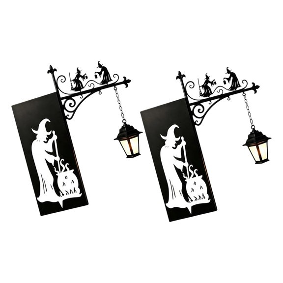 2 Piece Witch Bookend with Lantern Gothic Black Metal Shelf Decor Bookcase Book Dividers with Warm Glow for Li