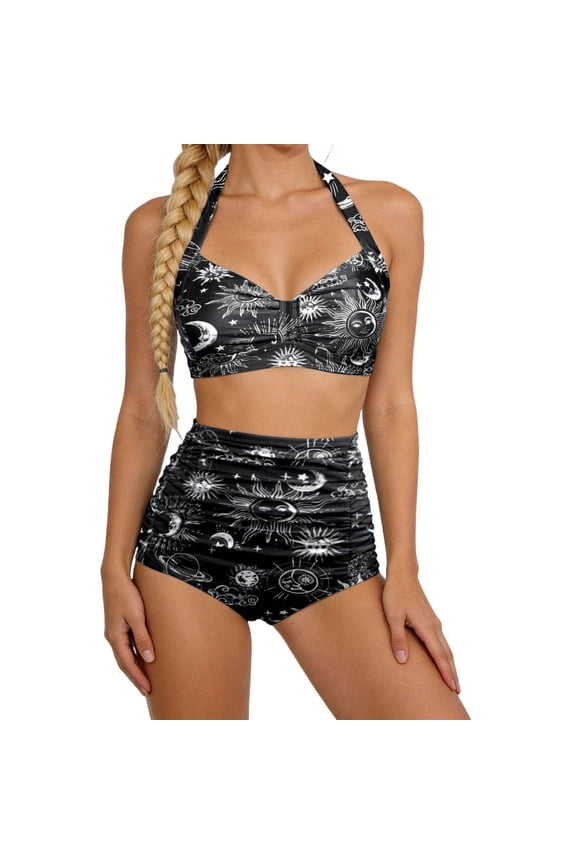 2 Piece Women Bikini Bikini Set Halter Neck High Waisted Printed Removable Padding Bathing Suit Black1 XXL