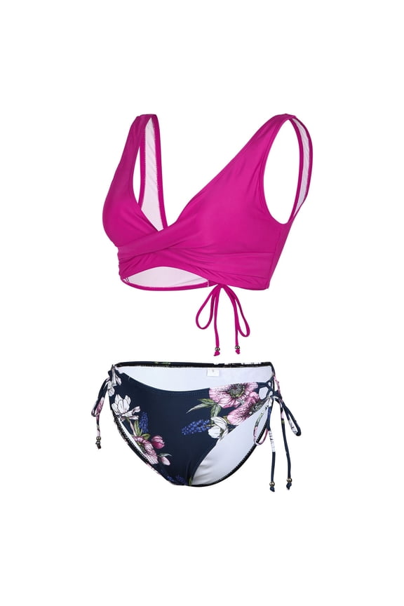 2 Piece Women Bikini Sweet Bow Detail Floral Stripe Bikini Set Reversible Swimsuit Separates Summer Beach Bathing Suit Hot Pink M