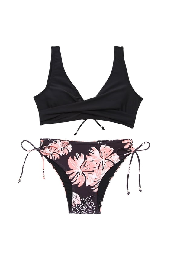 2 Piece Women Bikini Sweet Bow Detail Floral Stripe Bikini Swimwear Reversible Swimsuit Separates Summer Beach Bathing Suit Black XS