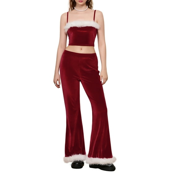 2-Piece Women Faux Fur Crop Top And Pants Tube Christmas Party Outfit
