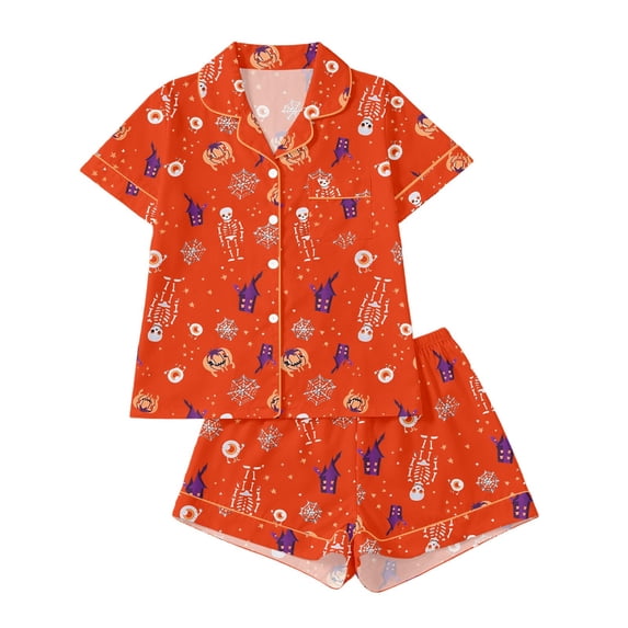 2 Piece Women Halloween Sleepwear Set, Short Sleeve Printed Lapel Top And Casual Shorts Sizes S-XXL
