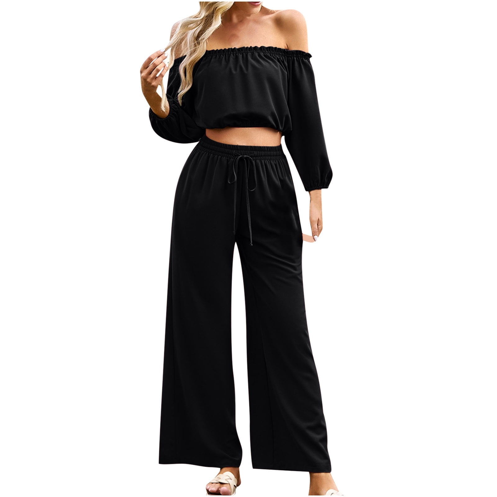 2 Piece Women Lounge Sets Off Shoulder Long Sleeve Crop Tops High Rise