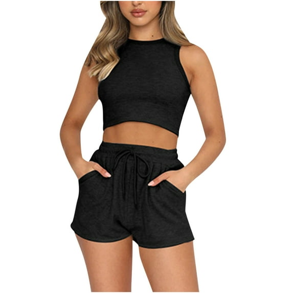 2 Piece Women Lounge Sets - Sleeveless Crop Tank Top and Pockets Shorts Lounge Set Tracksuits Sweatsuits for Women