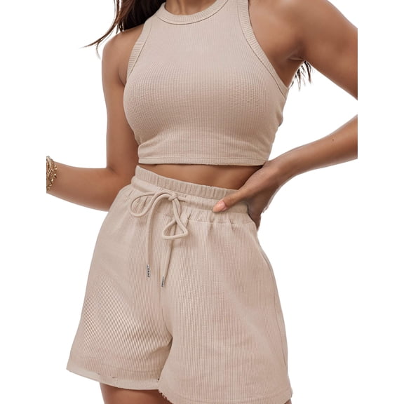 2 Piece Women Lounge Sets Sleeveless Crop Top and Shorts Waffle Lounge Set Tracksuits Sweatsuits