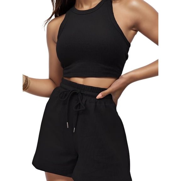 2 Piece Women Lounge Sets Sleeveless Crop Top and Shorts Waffle Lounge Set Tracksuits Sweatsuits