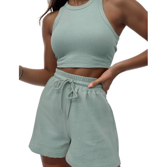 2 Piece Women Lounge Sets Sleeveless Crop Top and Shorts Waffle Lounge Set Tracksuits Sweatsuits