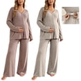 thumbnail image 1 of 2 Piece Women Maternity's Lounge Set Ribbed Knit Button Down Long Sleeve Tops Over The Belly Pants Fall Pregnancy Outfits, 1 of 7