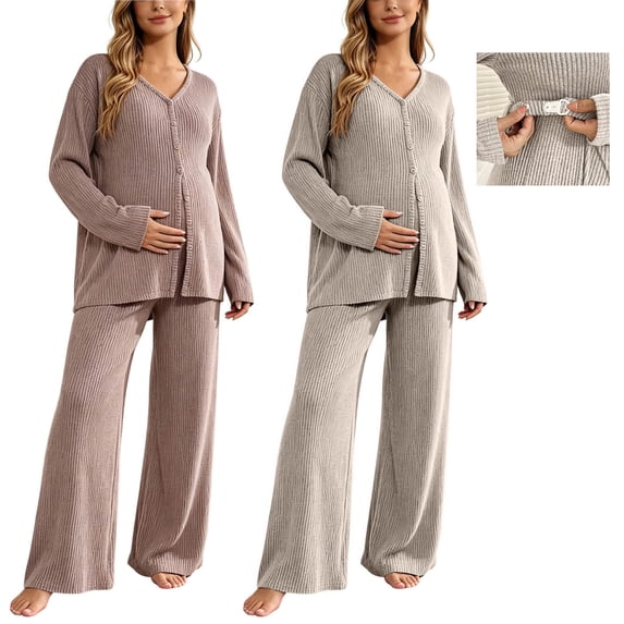 2 Piece Women Maternity's Lounge Set Ribbed Knit Button Down Long Sleeve Tops Over The Belly Pants Fall Pregnancy Outfits