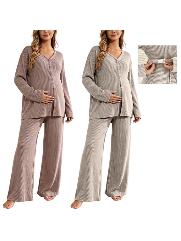 2 Piece Women Maternity's Lounge Set Ribbed Knit Button Down Long Sleeve Tops Over The Belly Pants Fall Pregnancy Outfits