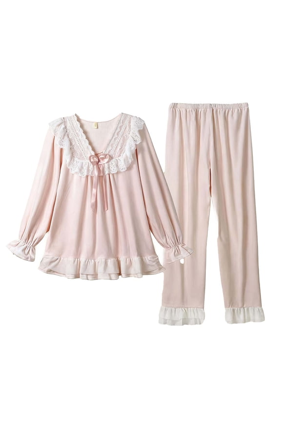 2 Piece Women Pajamas Set, Lace Ruffle Trim V Neck Long Sleeve Tops and Elastic Waisted Wide Leg Pjs Pant Nightgown (L, Pink)