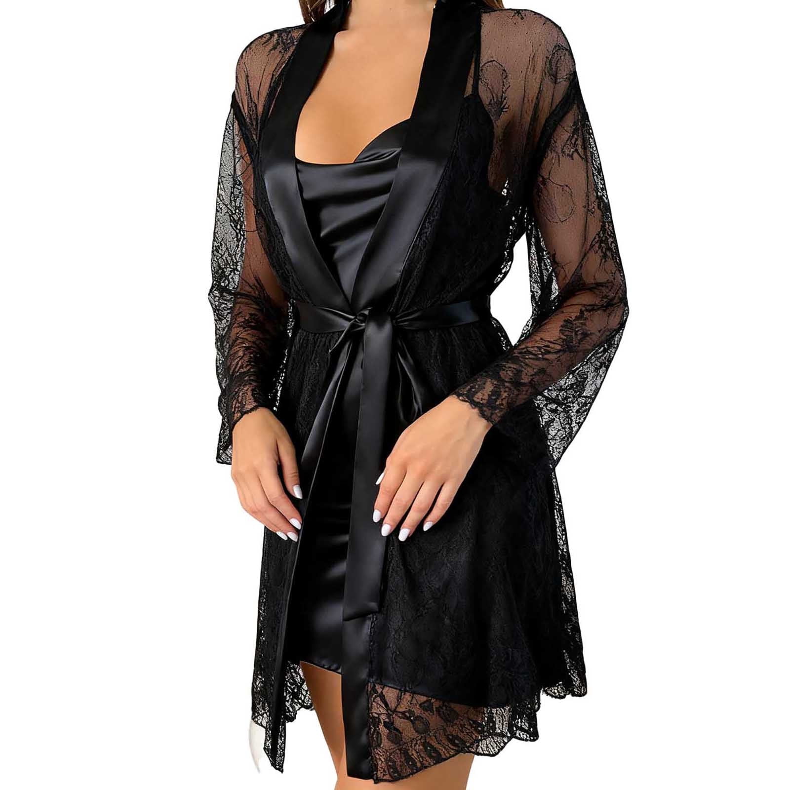 2 Piece Women Satin Nightgowns and Robe Set Lace Silk Slip Dress Long Home  Suit Nightdress Sleepwear Red S - Walmart.com