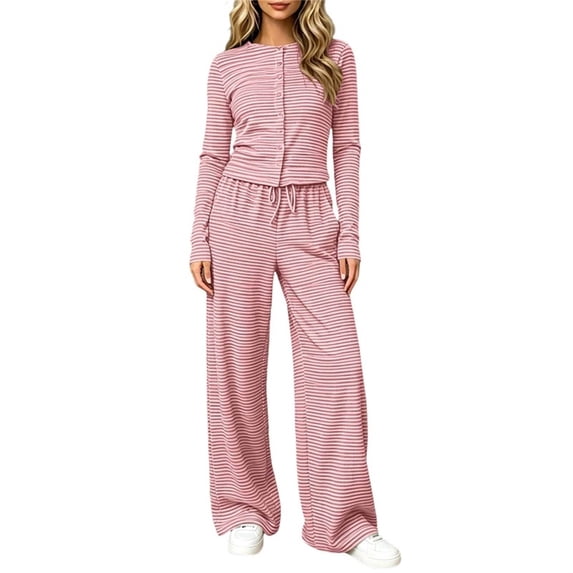 2 Piece Women Striped Outfit Button Down Long Sleeve Tops & Wide Leg Pants Teen Fall Casual Fashion Lounge Daily Tracksuit Set