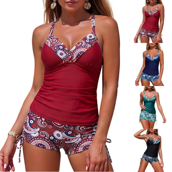 2 Piece Women Tankini Swimsuits with Shorts Tummy Control Bathing Suits Top Bottom Swimwear Wine L