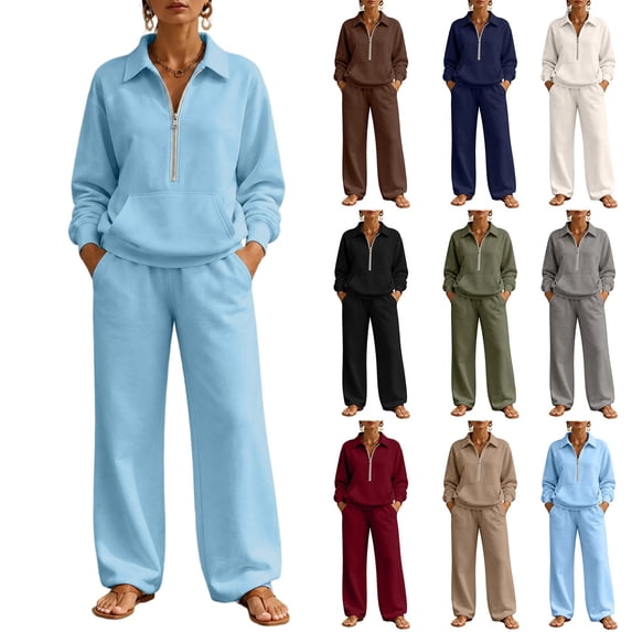 2 Piece Women Tracksuit Set, Half Zip Up Collared Sweatshirt, Wide Leg Pants, Teen Fall Trendy Workout Outfits S-XXL
