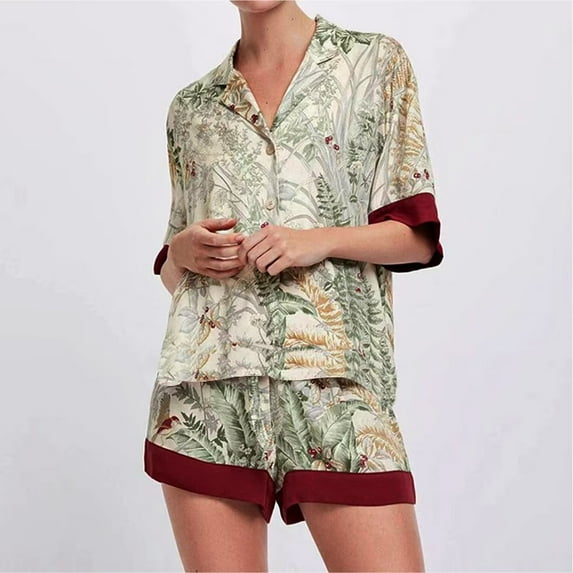 2 Piece Women pajamas Set Summer Short Sleeve Satin Pajamas for Woman Sleepwear Flowers Bird