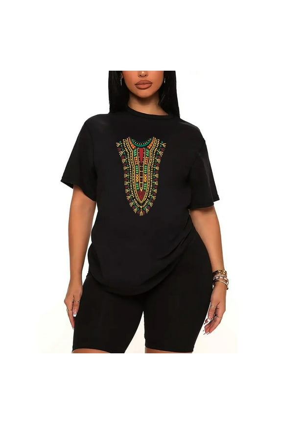 2 Piece Women's African Print Traditional Tribal Dashiki Pride Attire Kente Outfit Sleeve Oversized Tshirts and Shorts Lounge Sets-black-5XL