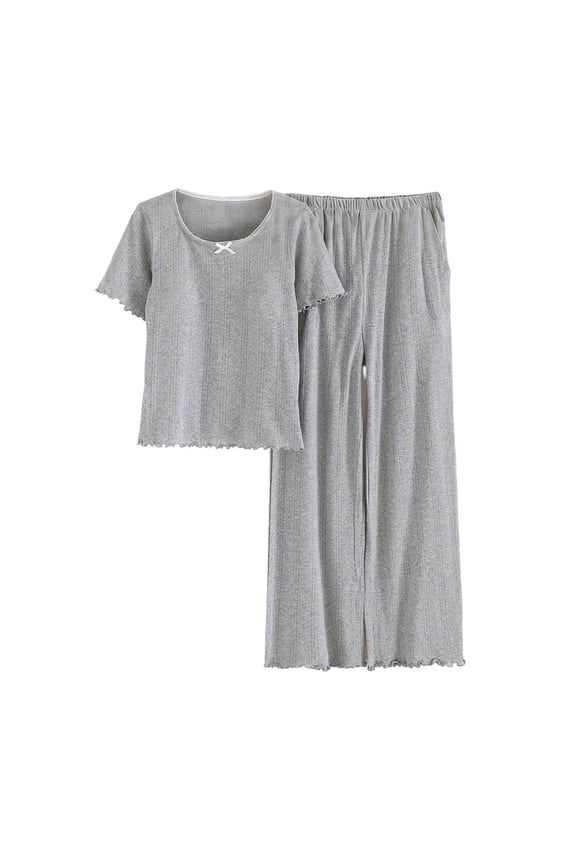 2 Piece Women's Cotton Jacquard Padded Pajamas Set Summer Petite Short Sleeve Top and Long Pants Pjs Comfy Crew Neck Lounge Sets Gray