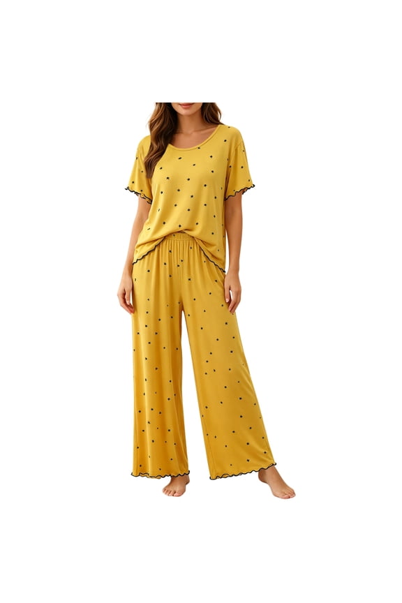 2 Piece Women's Cotton Print Pajamas Sets Summer Petite Short Sleeve Top and Long Pants Lounge Sets Soft Crew Neck Nightwear Yellow