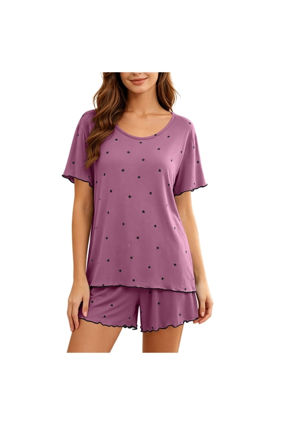 2 Piece Women's Cotton Print Pajamas Sets Summer Petite Short Sleeve Top and Shorts Lounge Sets Soft Crew Neck Nightwear Purple