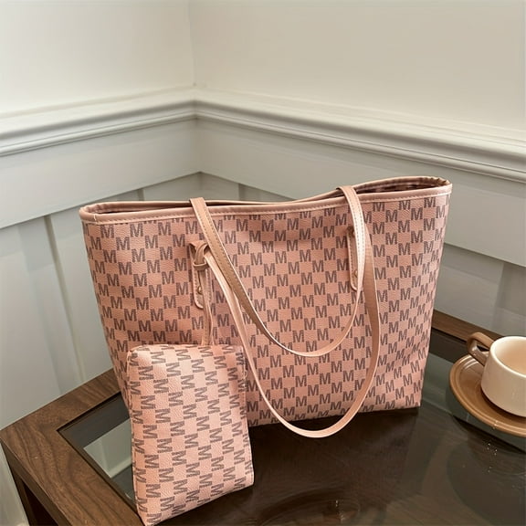 2-Piece Women's Faux Leather Handbag Set - Vintage Shoulder Tote & Matching Wristlet, Monogram Print, Zip Closure for Work/Travel/Mother's Day Gift