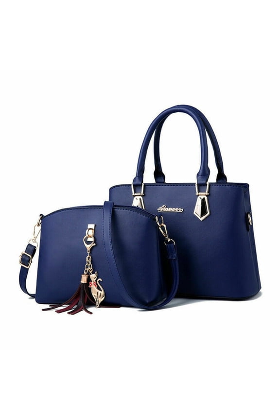2-Piece Women's Handbags - Faux Leather Messenger & Tote Set Blue