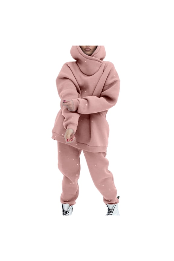 2 Piece Women's Hooded Sweatsuits Set Winter Long Sleeve Long Pants, Thick Warm Loose Fit, Comfortable Stretchy For Cold Day Casual Wear,Size:L