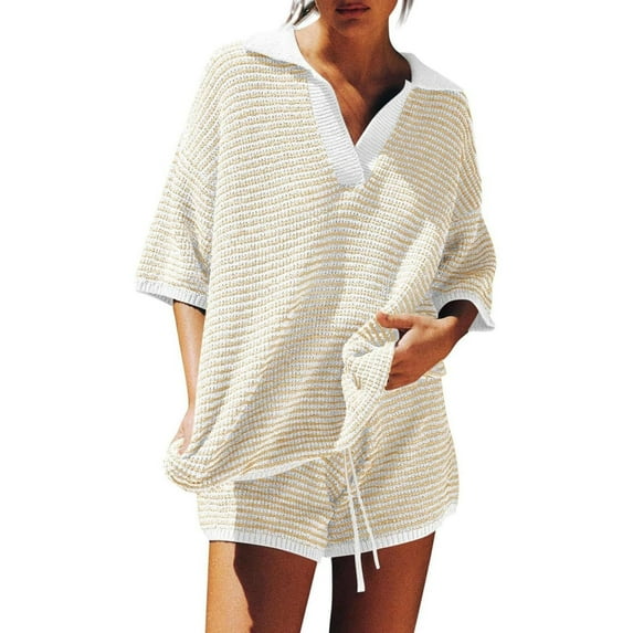 2 Piece Women's Knitted Suit Casual Loose Color Blocked Short Sleeved Cardigan Top Drawstring Shorts (M, Beige)