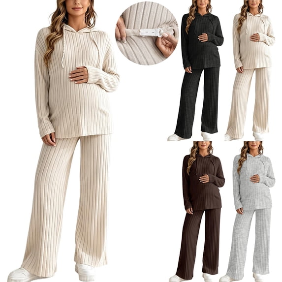 2-Piece Women's Maternity Fashion Set, Ribbed Knit Long Sleeve Hoodie ...