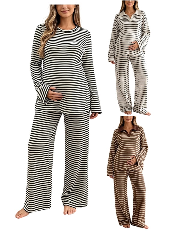 2 Piece Women's Maternity Knitted Striped Sets Fall V-Neck Collared Long Sleeve Tops Wide Leg Pants Pregnancy Set S-XXL