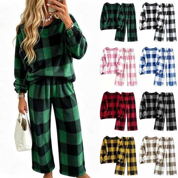 2 Piece Women's Plaid Plush Fleece Pajama Sets Winter Warm Crewneck Long Sleeve Tops Wide Leg Pants Soft Loungewear S-XXL
