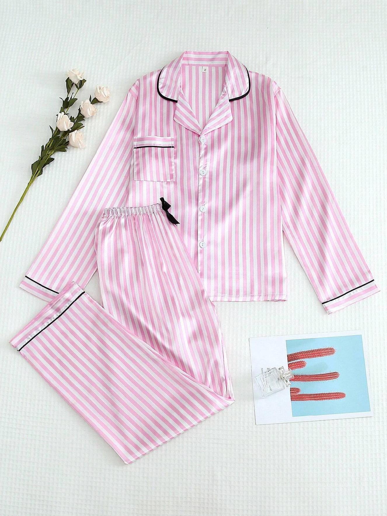 2-Piece Women's Satin Pajama Set Long Sleeve Collar Top Striped Bow ...