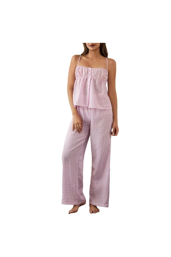 2 Piece Women's Striped Cami Pajamas Set Summer Petite Peplum Cami and Capri Pants Loungewear Comfy Square Neck Lounge Sets Pink