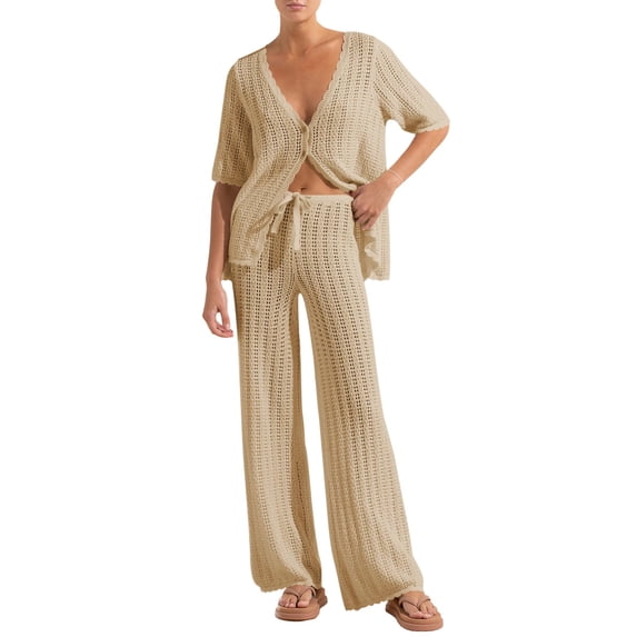 2 Piece Women's Summer Cover up Crochet Knit Cardigan Tops Long Pants Set Bathing Suit Beach Outfit