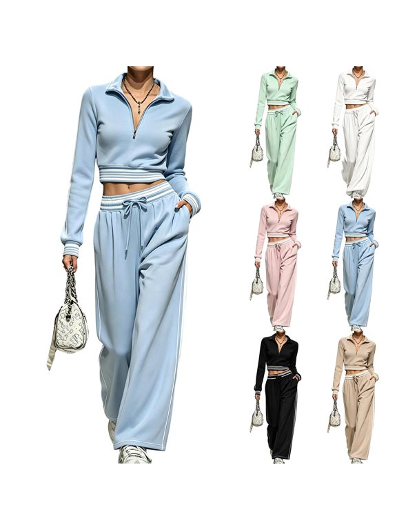 2-Piece Women's Tracksuit, Fall Cropped 1/2 Zip Collared Long Sleeve Top & Wide Leg Pants Striped Hem Athletic Set, XS-3XL