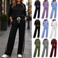 thumbnail image 1 of 2 Piece Women's Tracksuit Fall Side Striped Crewneck Long Sleeve Tops Straight Leg Pants Workout Outfits S-XXL, 1 of 7
