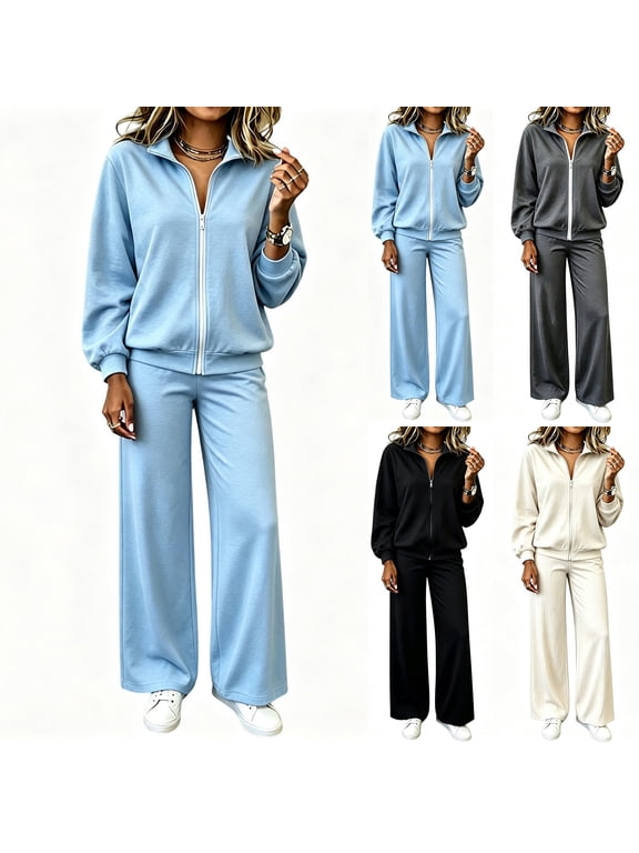 2-Piece Women's Tracksuit Set, Fall Brushed Zip-up Long Sleeve Jacket & Wide Leg Pants Soft Relaxed Athletic Sweatsuit, S-XXL