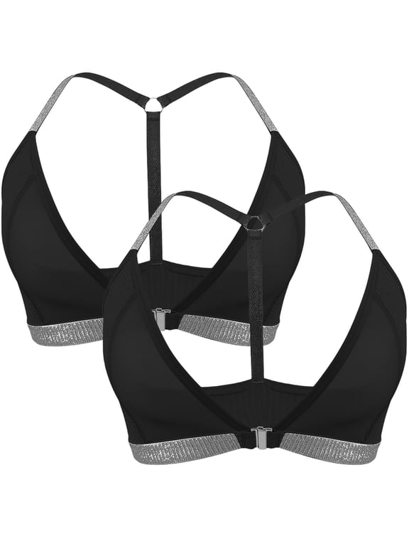 2 Piece Women’s V Neck Triangle Bras Spaghetti Strap Low Cut Bralette Breathable Wireless No Padded Bralettes Front Closure Bras Shiny Silver Edge Racerback Bra Top Underwear
